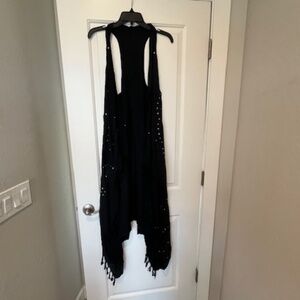 Black Sequin Embellished Racer-Back Fringed Long Vest OS Boho Festival Lagenlook